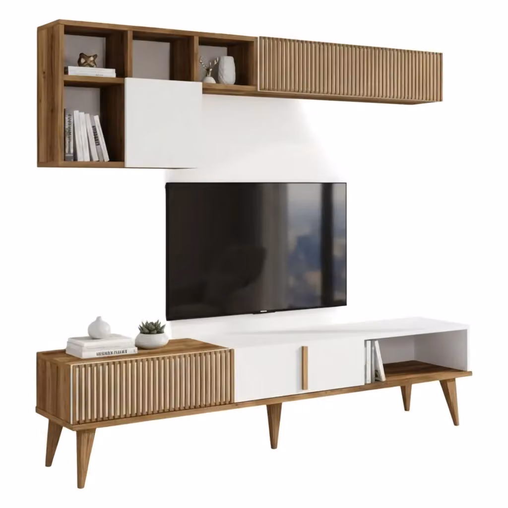 Parete attrezzata Ostro DMORA per soggiorno, composizione moderna con mobile basso, armadio porta TV e mensole, Noce e Bianco, L: 180 cm, P: 35 cm, H: 40 cm – 2