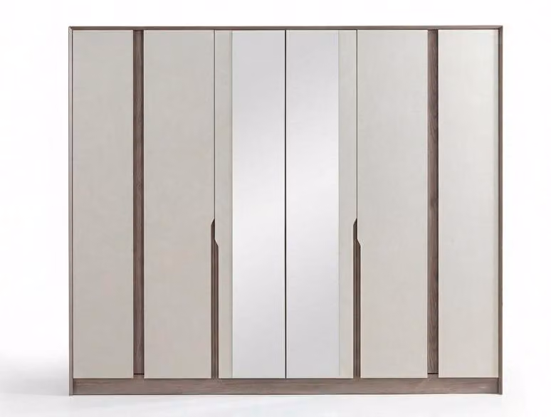 Armadio moderno beige e marrone con ante a specchio, ideale per la camera da letto