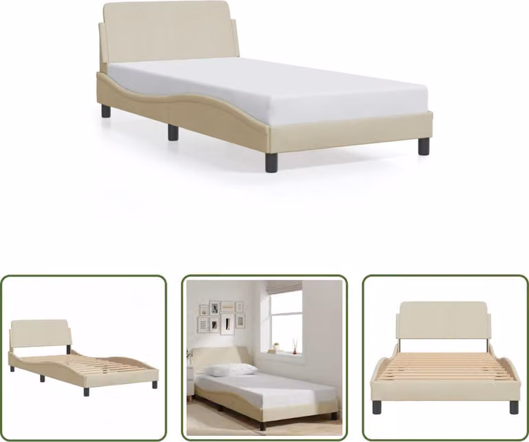 The Living Store Giroletto con testiera crema 100x200 cm in tessuto