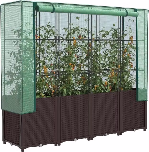 Letto rialzato con copertura effetto rattan vidaXL per orto e giardino, marrone e verde, L: 160 cm, P: 40 cm, H: 153 cm