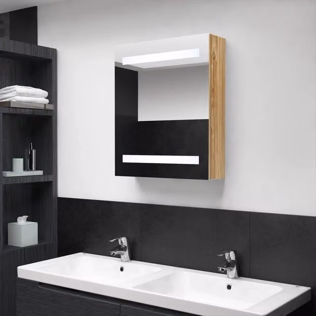 Armadietto da bagno moderno vidaXL con specchio e illuminazione LED in rovere marrone, L: 50 cm, P: 14 cm, H: 60 cm – 1