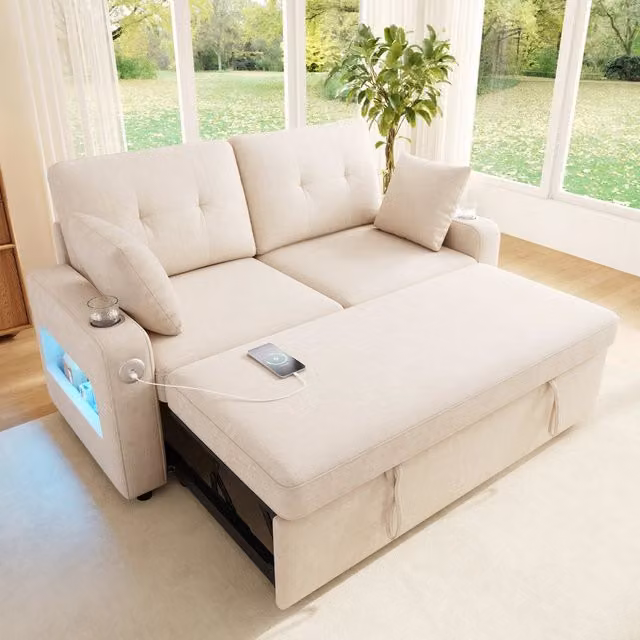 Divano letto 2 posti estraibile con LED USB, contenitori, portabicchieri e cuscini in ciniglia beige