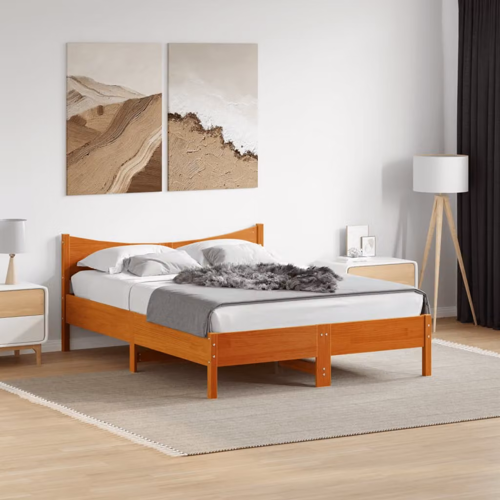 Letto in legno di pino vidaXL color marrone cera con doghe piatte, L 135 cm x P 190 cm