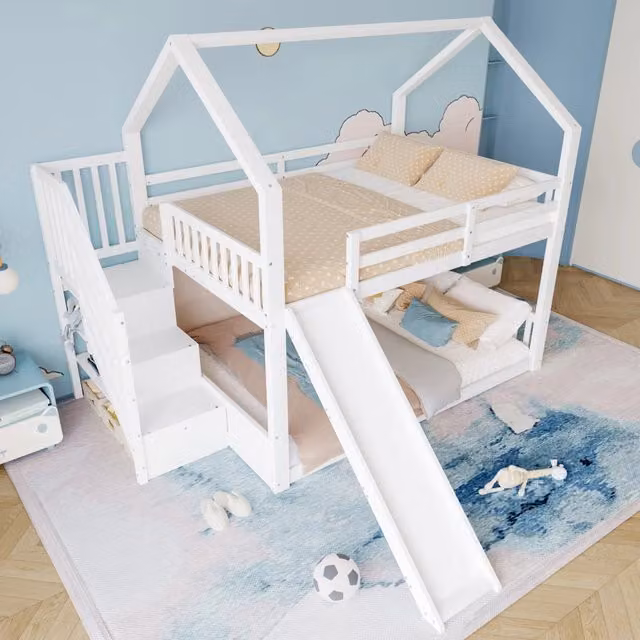 Letto a castello per bambini 140×200 cm con scala contenitore, scivolo e barriere, senza materasso, bianco