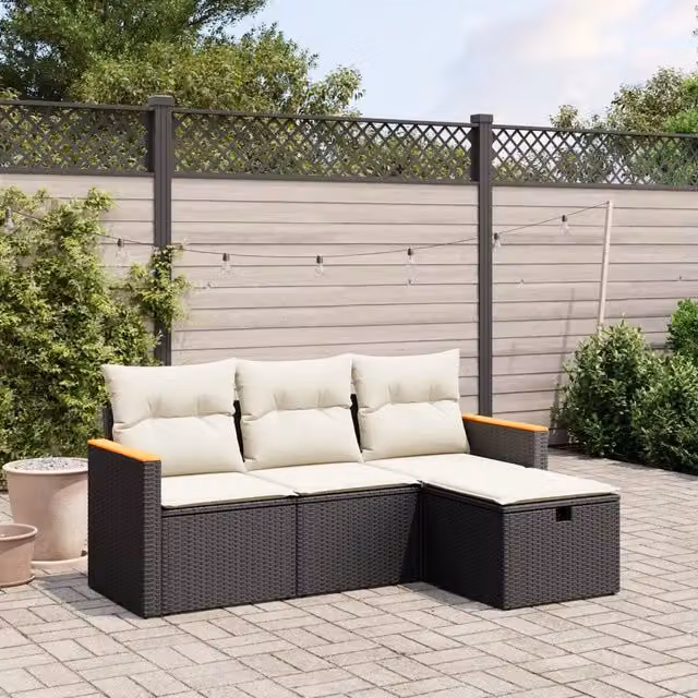 Set di Divani da Giardino a Forma di L vidaXL con Cuscini e Ottoman, Colore Nero e Bianco