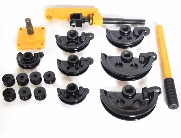 Piegatubi manuale - Piegatubi per acciaio 10–25 mm - Angolo di piegatura 0–180° - 14 matrici - Utensile industriale - Giallo e nero