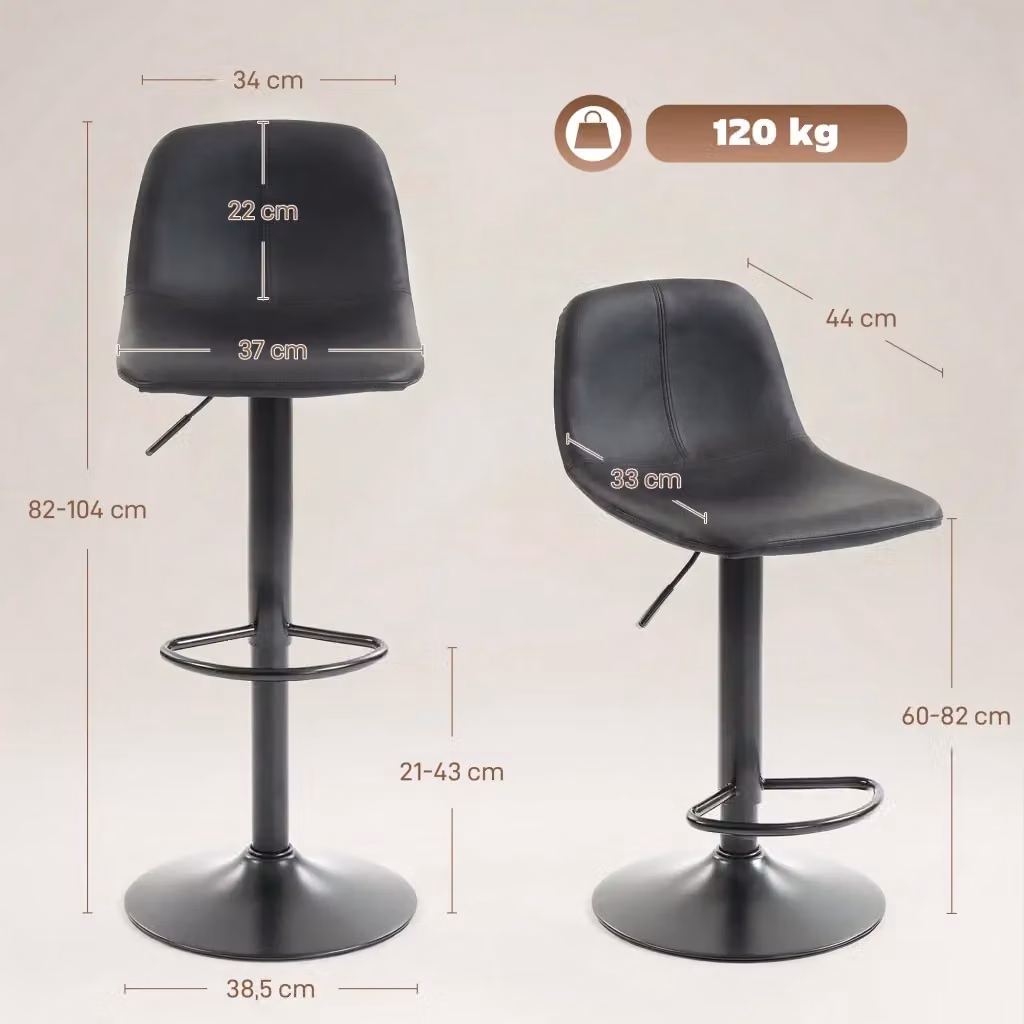 Set di 2 sgabelli da bar OKWISH girevoli a 360°, regolabili in altezza con poggiapiedi, rivestimento in similpelle nera e base in metallo – 2
