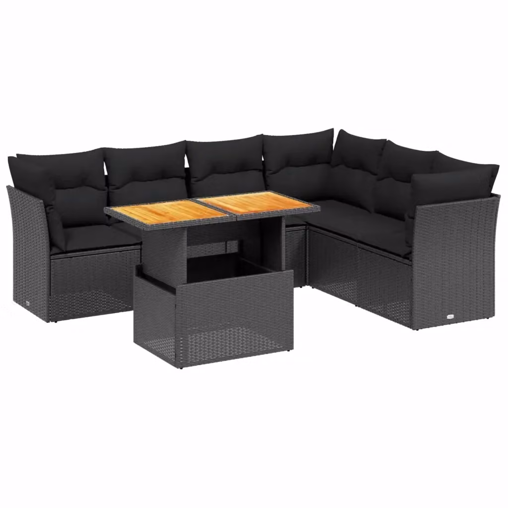 vidaXL Set Divani da Giardino a L con Cuscini 7pz in Polyrattan Nero e Legno di Acacia – 2