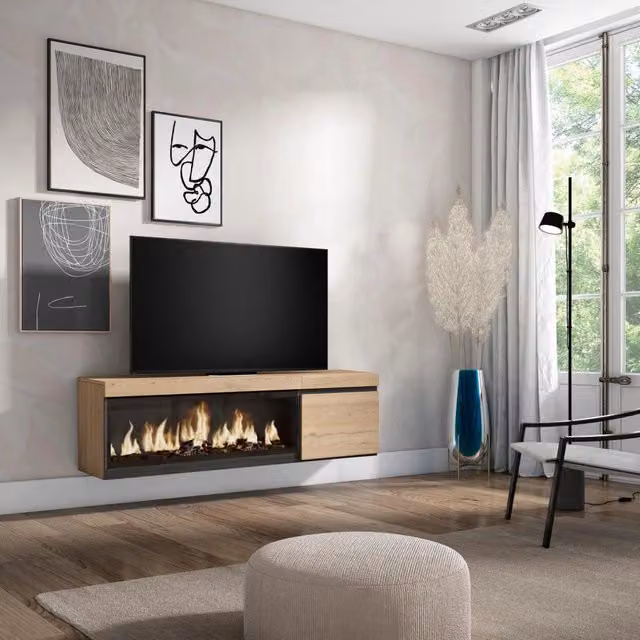 Mobile TV Soggiorno, 158x35x45cm, Per TV fino a 65", Camino elettrico XXL, da appendere, colore Rovere RF3253
