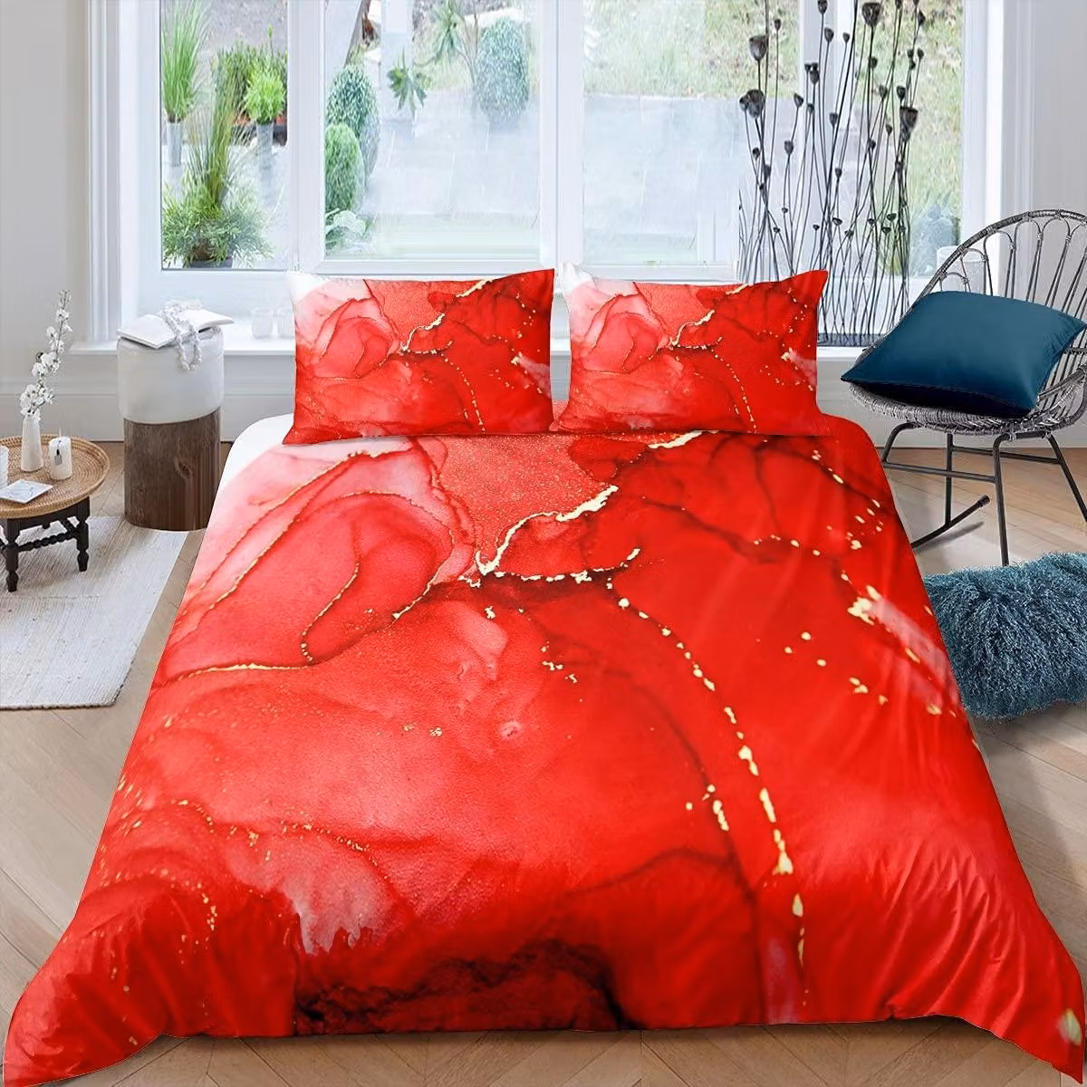 Solidchoice - Set di lenzuola con copripiumino in marmo  design semplice, motivo marmo rosso, con 1 federa