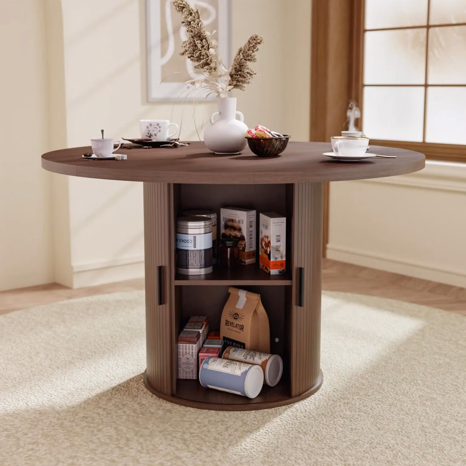 Tavolo da pranzo rotondo - Tavolo da cucina e da pranzo - Diametro 122 cm - Scaffale a due ripiani con spazio contenitivo - Anta scorrevole in legno - Per 6 persone - Noce