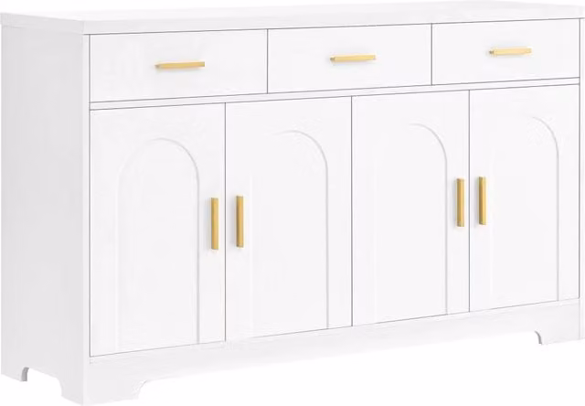 Sideboard bianco con quattro ante ad arco, 3 cassetti, ripiani regolabili in altezza, struttura in MDF con maniglie dorate