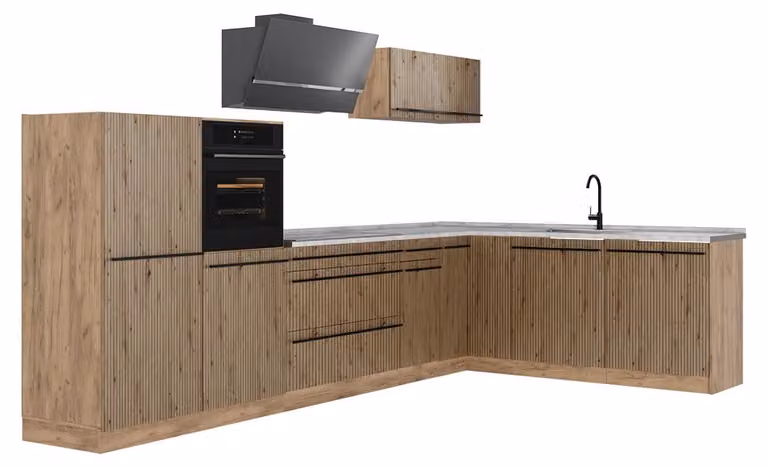Cucina angolare completa Vicco R-Line Rovere artigianale/Rovere dorato 347 x cm piano di lavoro Marmo, Model 67603