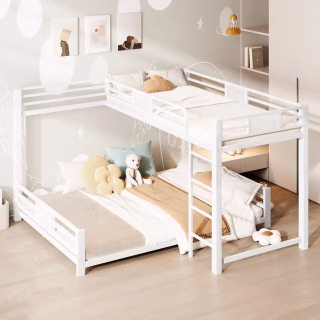 Letto a castello in metallo 90 × 200 cm e 140 × 200 cm con protezioni laterali, senza materasso, bianco