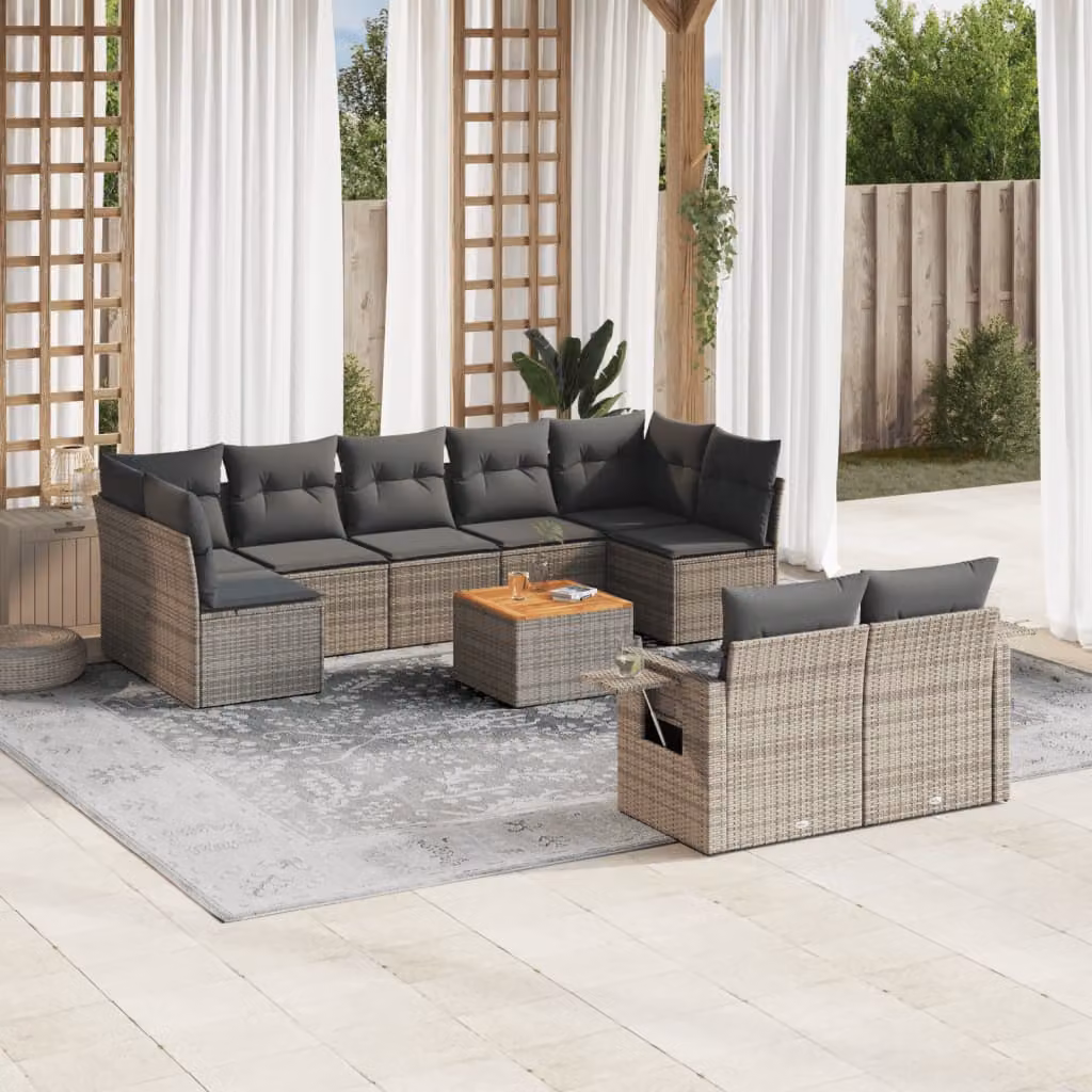 vidaXL Set Divano da Giardino 10 pz in Polyrattan Grigio con Cuscini e Tavolino – 1