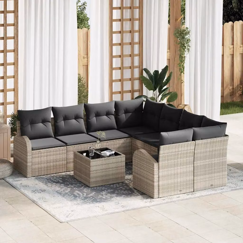Set di divani da giardino vidaXL a forma di L con 9 pezzi, colore grigio, con struttura in metallo e polyrattan e tavolino da caffè incluso – 1