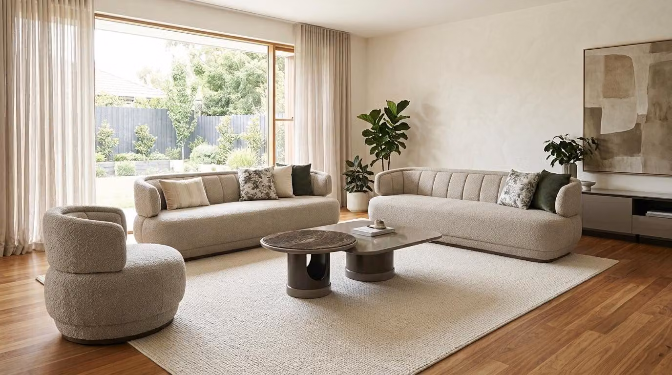 Set per soggiorno: divano a 3 posti, tavolino, design moderno, confortevole ed elegante