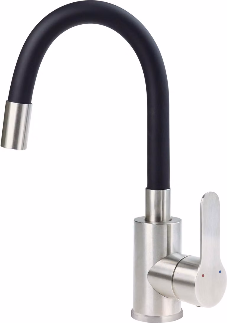 Washbasin mixer with curved spout