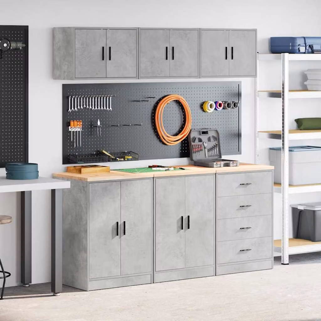 Set di 6 armadi da garage vidaXL in legno e MDF grigio industriale con ante a battente e ripiani interni