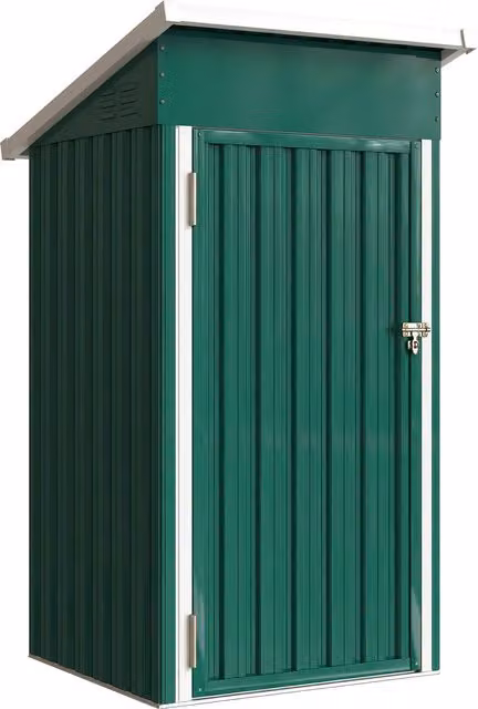 Casetta da giardino esterna Outsunny in metallo verde con tetto inclinato, porta con serratura e ventilazioni, L: 107,5 cm, P: 91 cm, H: 185 cm
