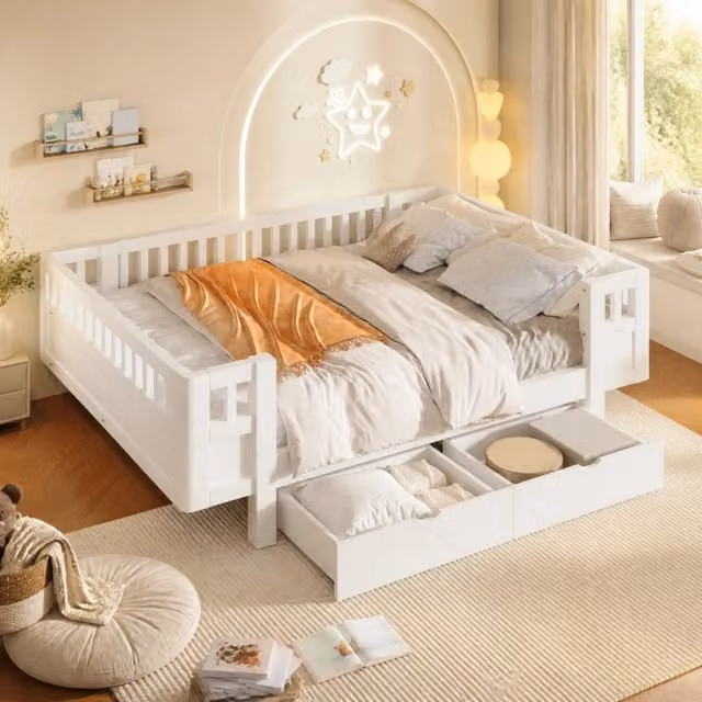 Letto piattaforma per bambini 140x200 cm con sponde e cassetti
