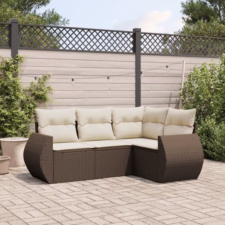 vidaXL Set Divano da Giardino a L 4 pz con Cuscini Marrone e Bianco in Polyrattan e Acciaio
