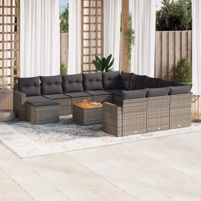 Set di Divani da Giardino a L vidaXL in Polyrattan Grigio con 13 Pezzi e Cuscini