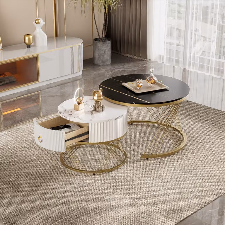 Sweiko Elegante tavolino da caffè componibile: look marmo, decoro oro, tavolino con cassetti - set di 2