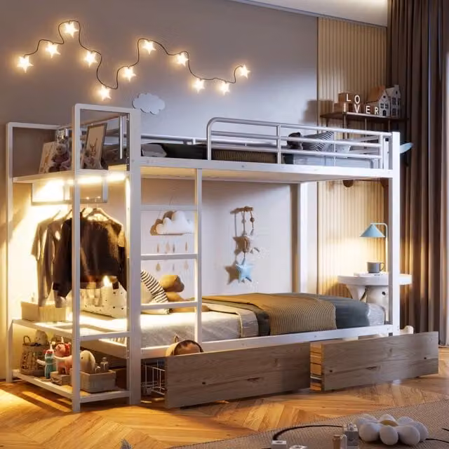 Letto a castello funzione LED cassettoni appendiabiti metallo 90x200 cm