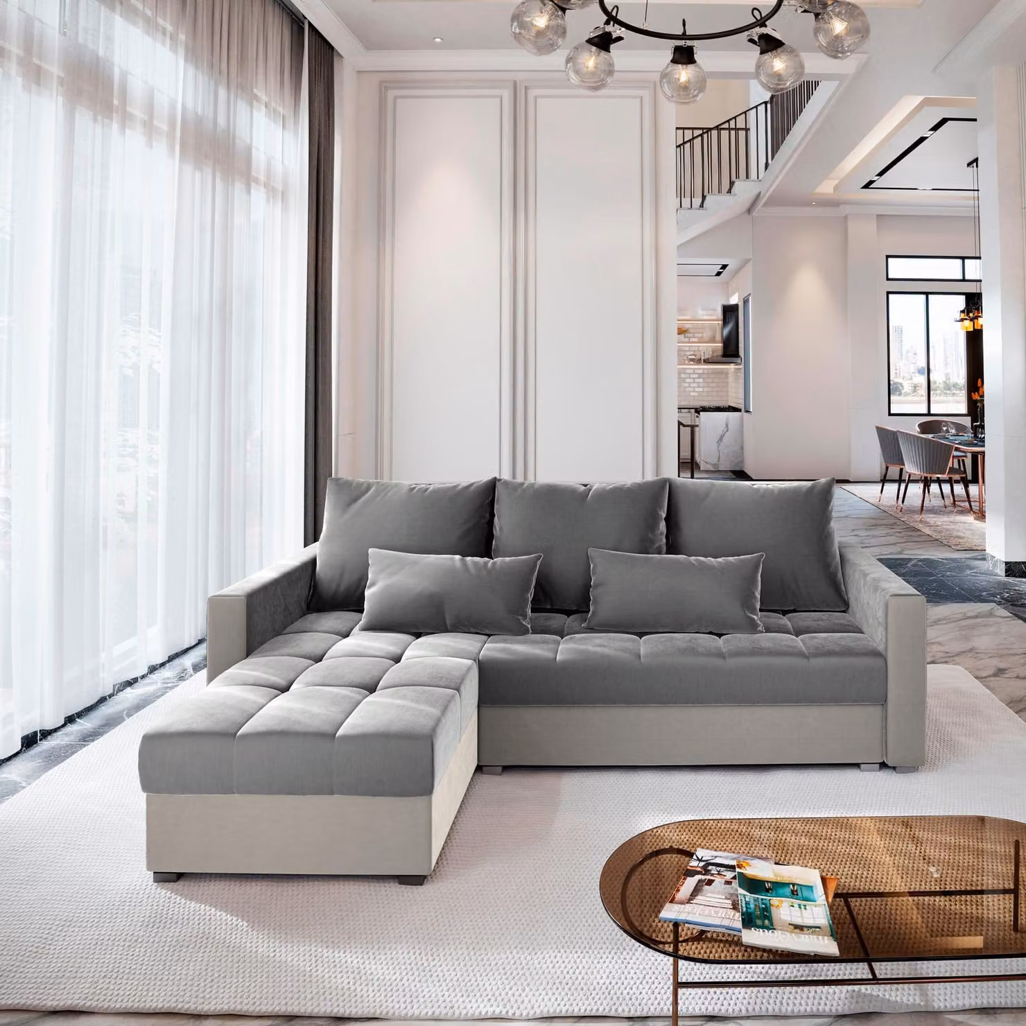Divano angolare KOS PIK di Masseno con funzione letto a L, divano con box letto, divano da salotto, divano, divano, divano letto, set di divani - grigio chiaro, PAROS 05 + PAROS 02