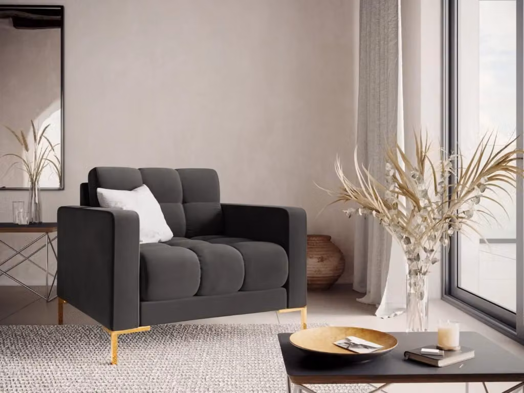 Poltrona Bali Cosmopolitan Design in velluto grigio scuro con struttura in metallo e braccioli – 2