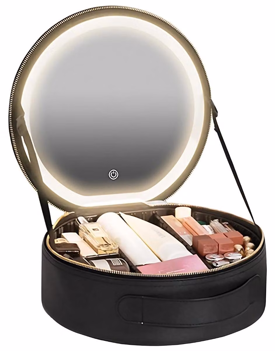 Specchio da trucco UNIQ con LED nero, luce a 3 colori e custodia da viaggio