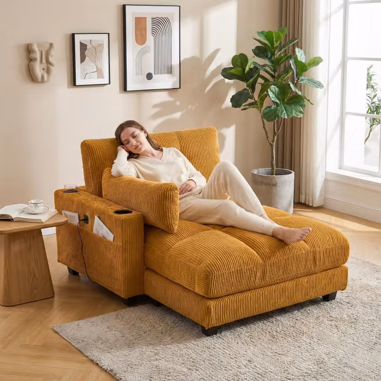 LVHOM chaise longue con USB e portabicchieri, poltrona reclinabile con tasche laterali, poltrona singola da pavimento, schienale regolabile, giallo