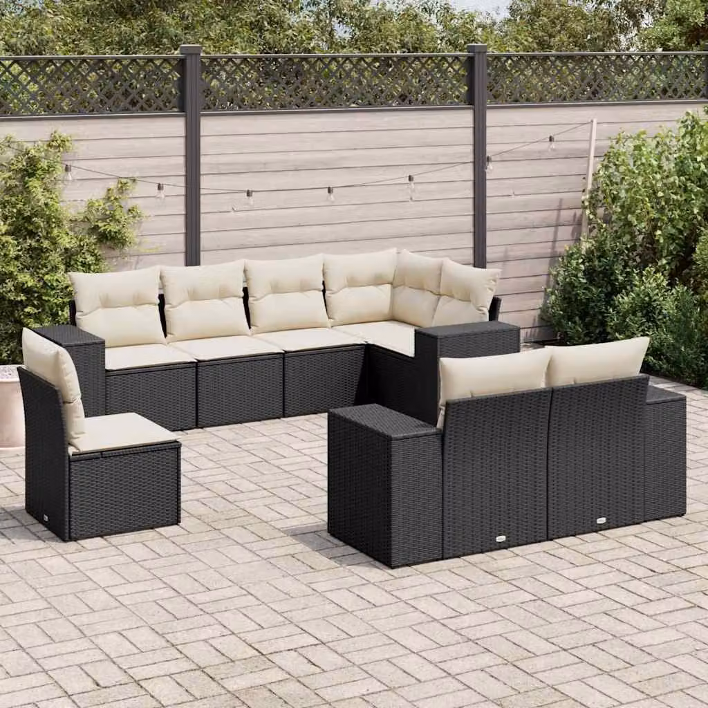 Set di divani da giardino vidaXL a forma di L in polyrattan nero con 8 cuscini imbottiti e coperture rimovibili – 1