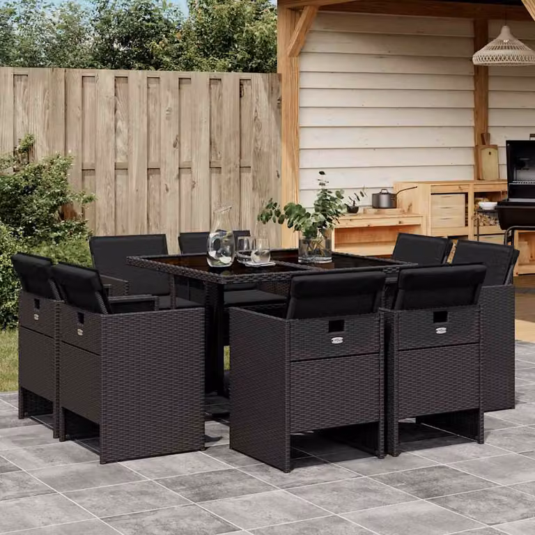 Set da Pranzo da Giardino vidaXL in Polyrattan Nero con Cuscini e Tavolo in Vetro 9 pz