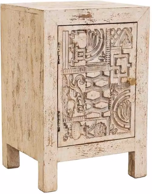 Comodino in legno intagliato a mano beige, 40x35x60h cm