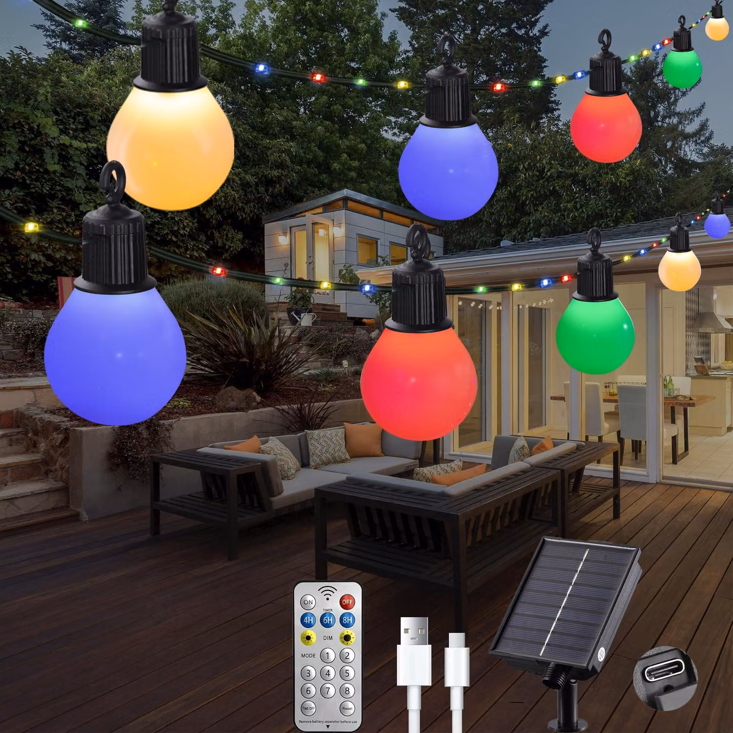 Catena luminosa solare, 10 metri, 100 LED, 20 lampadine G40, con telecomando, multicolore