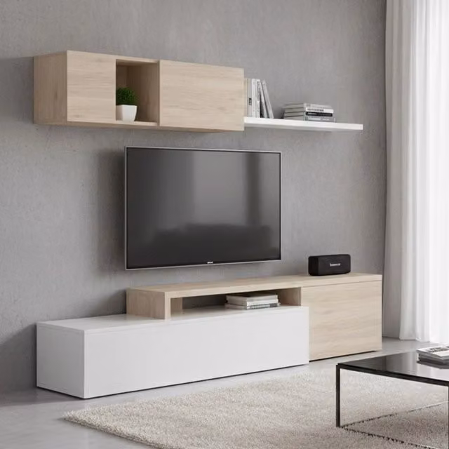 Parete attrezzata Axayazala DMORA, set da soggiorno modulare ad angolo con mobile porta TV, L: 201 cm, H: 180 cm, P: 41 cm, Bianco e Rovere