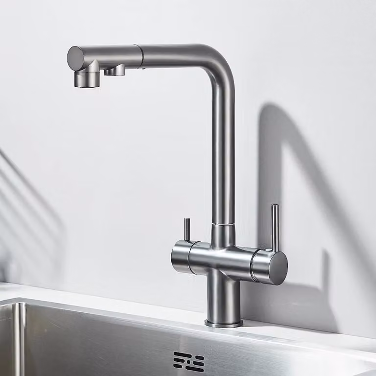Miscelatore per cucina con filtro dell'acqua, estensibile, con due maniglie, foro singolo, per acqua calda e fredda, in ottone, colore grigio