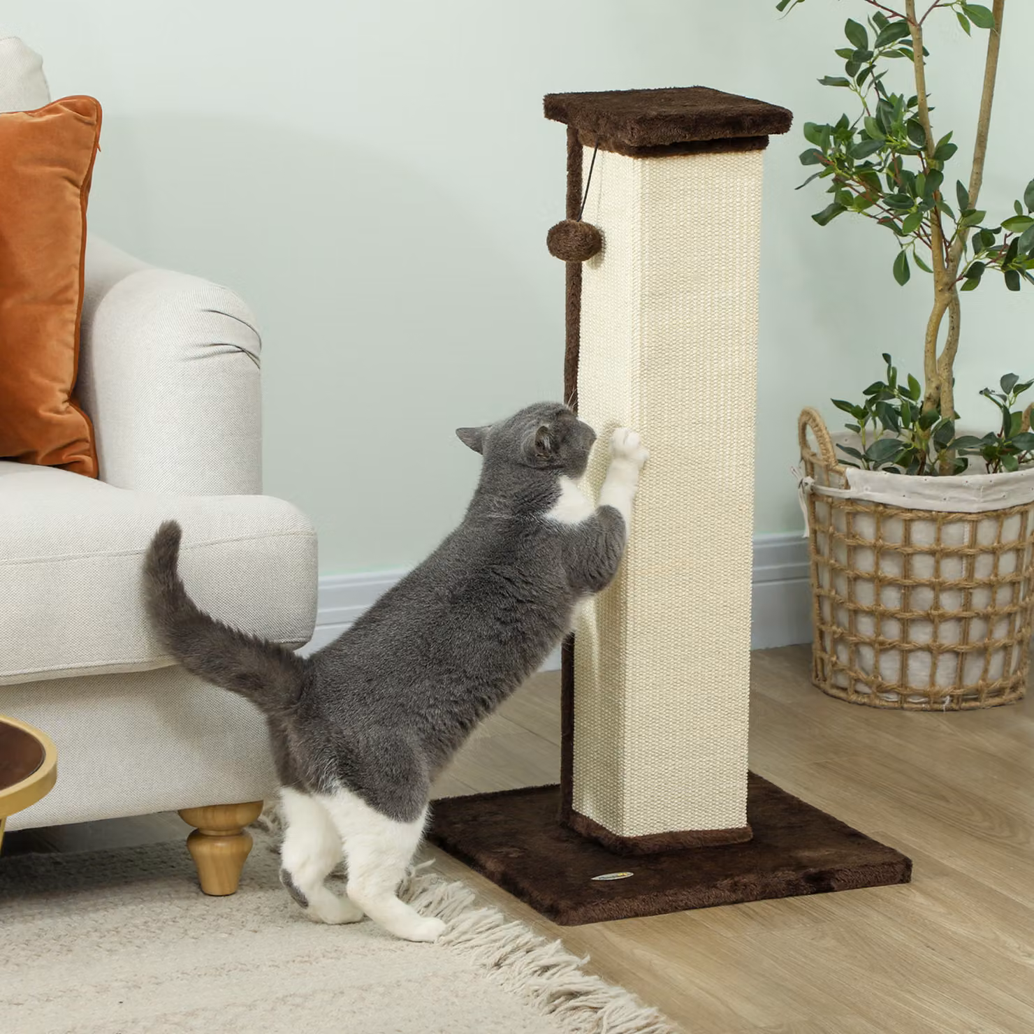 Grattatoio per gatti PawHut in sisal e peluche con pallina sospesa, base stabile, marrone e crema, L/P/H: 41 x 41 x 81 cm – 2