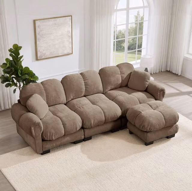 Divano angolare 3 posti 260x149 cm in ciniglia marrone con pouf mobile HOMVRA