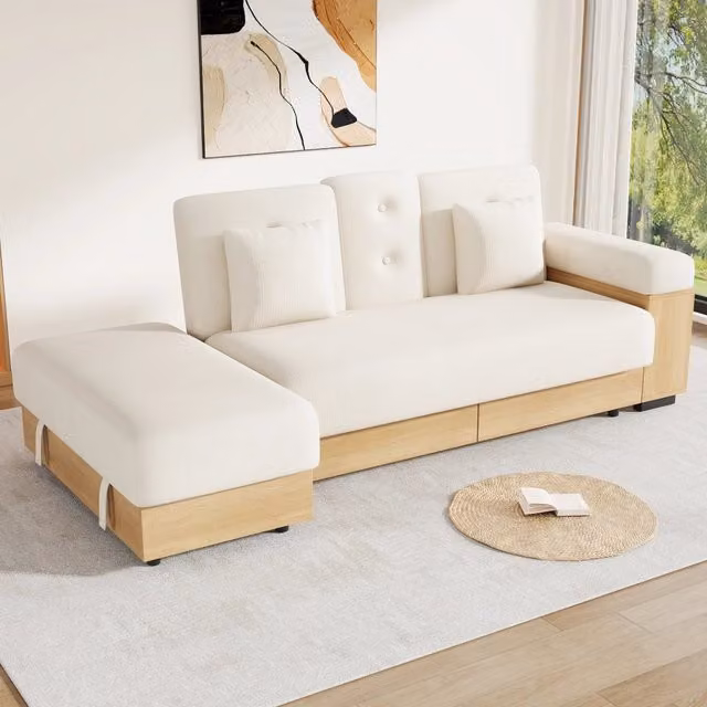 Divano letto grigio in ciniglia 217 x 110 x 90 cm; tre posti con schienale regolabile; contenitori e struttura in MDF