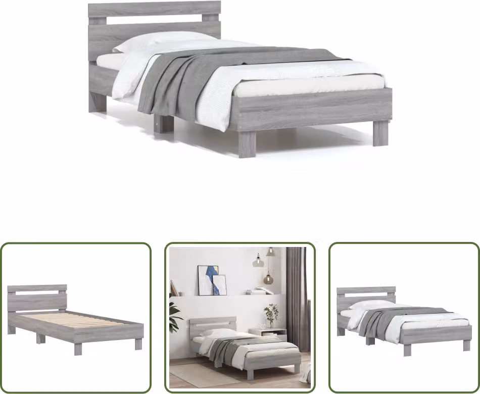 The Living Store Struttura letto con testiera Grey Sonoma 75x190 cm Materiale a base di legno