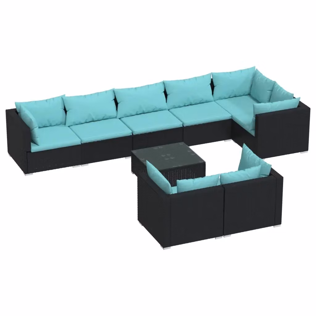 Set Salotto da Giardino vidaXL a Forma di L con 9 Pezzi, Polyrattan Nero e Cuscini Blu – 2