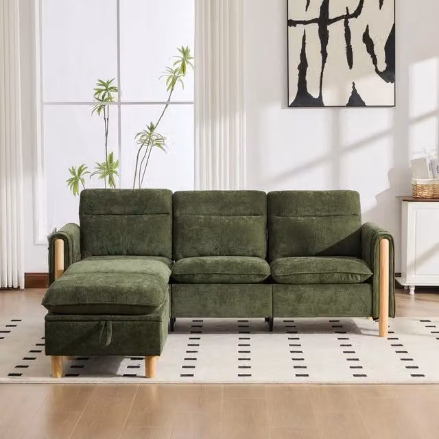 Divano angolare 3 posti con contenitore ¨C Minimal ¨C verde tessuto legno poggiapiedi