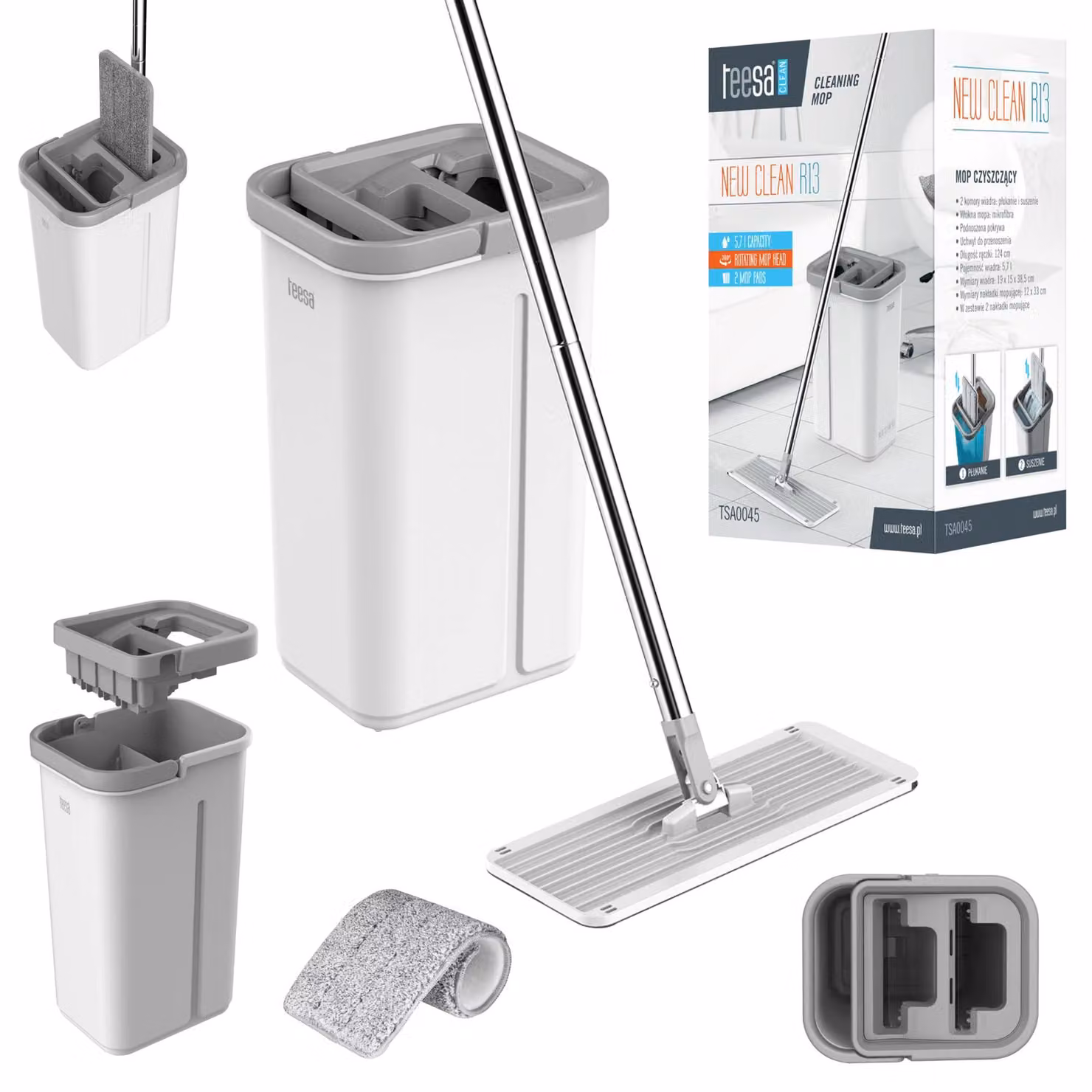 Set per la pulizia a secco R13, secchio da 5,7 litri, microfibra, manico telescopico
