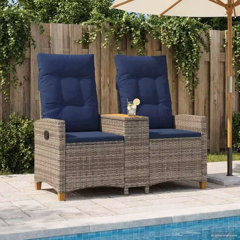 Panchina reclinabile con tavolo vidaXL in polyrattan con cuscini, Grigio e Blu, L 126 x P 65 x H 112 cm