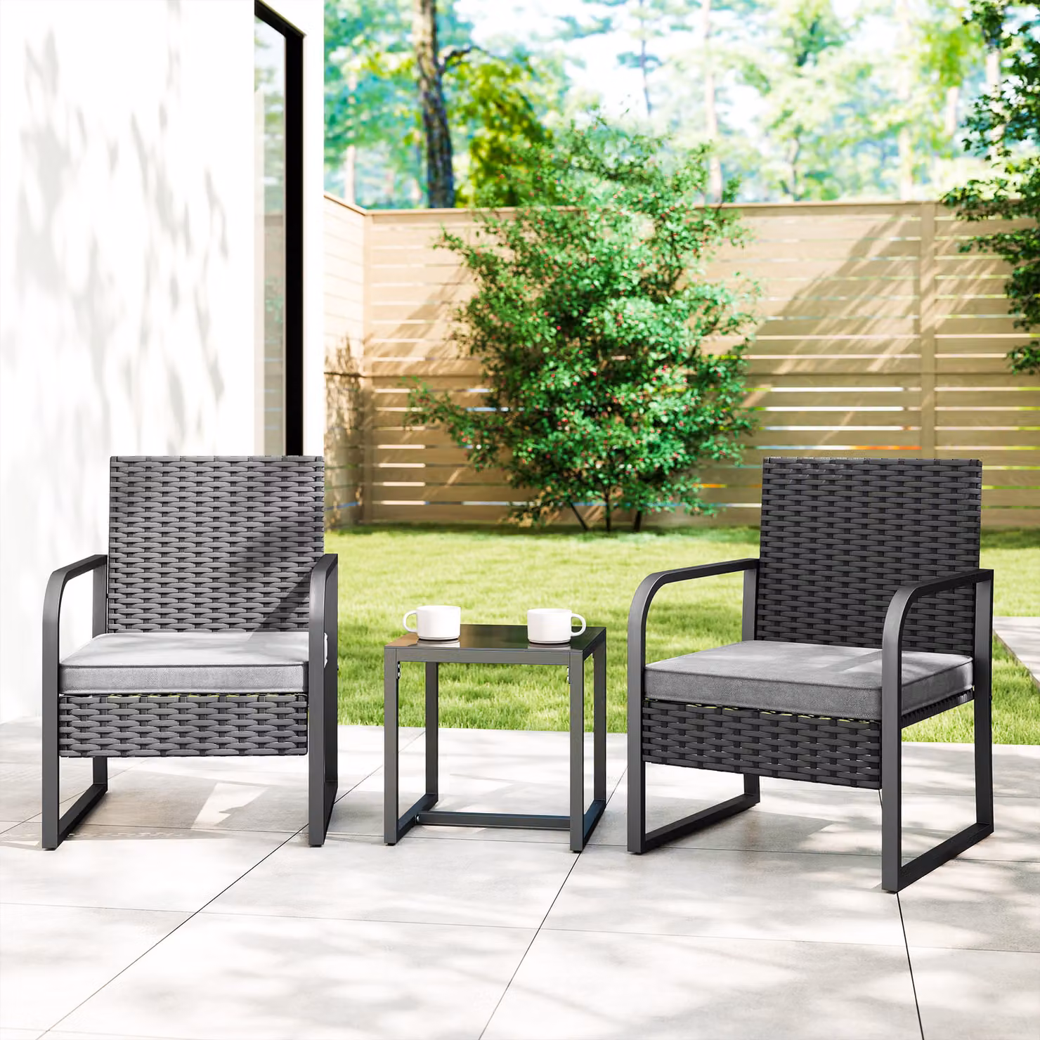 Set da salotto da giardino Outsunny in rattan nero con 2 poltrone e tavolino con piano in vetro – 2