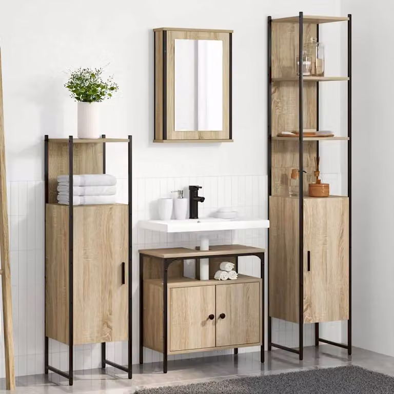 Set di mobili da bagno moderno vidaXL in legno e metallo, composto da armadietto con specchio, mobile lavabo e pensili, colore marrone e nero, finitura opaca