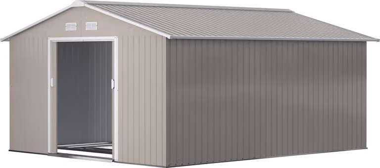 Capanno da giardino 12,4 m², capanno da giardino con tetto a una falda, porta scorrevole, fondamenta, 340 x 386 x 200 cm, capanno per attrezzi in acciaio zincato, resistente alle intemperie, per giardino, grigio antracite